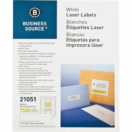 Business Source Laser Labels, 1" x 2.625", White, 7500 ct BSN21051